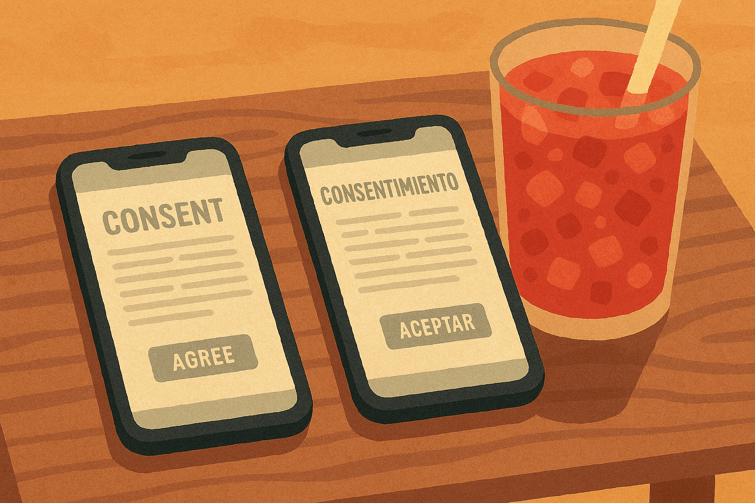 Phones with blurred consent texts next to agua fresca.