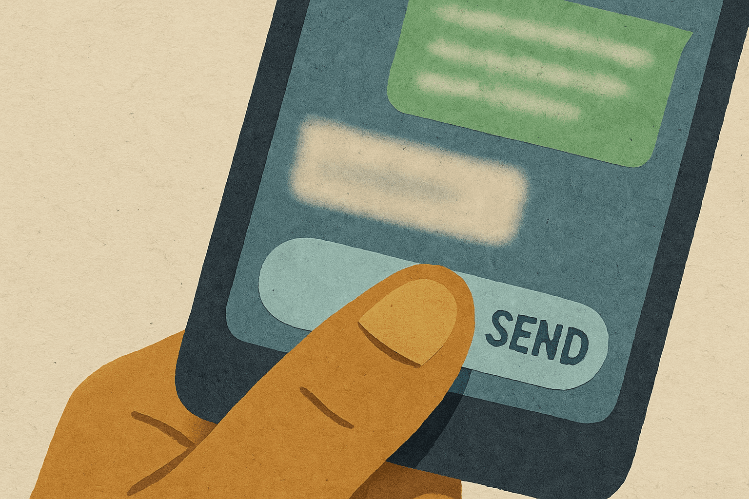 Thumb pressing send; message blurred for privacy.