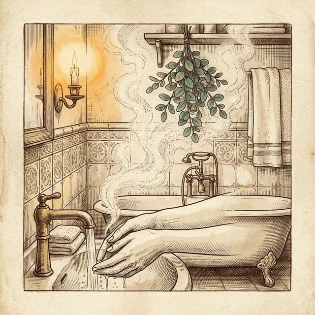 Line‑art spa vignette with eucalyptus, aloe, towels, and steam (no people).