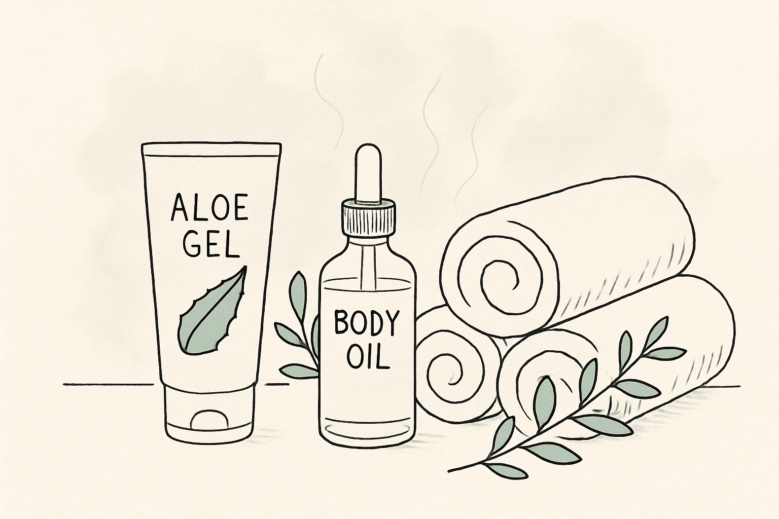 Aloe, oil, towels, and eucalyptus still life.