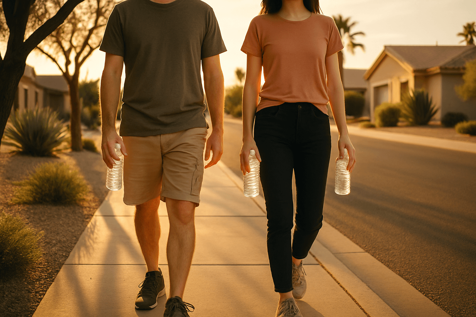 Golden‑hour sidewalk walk, side‑by‑side with water bottles.