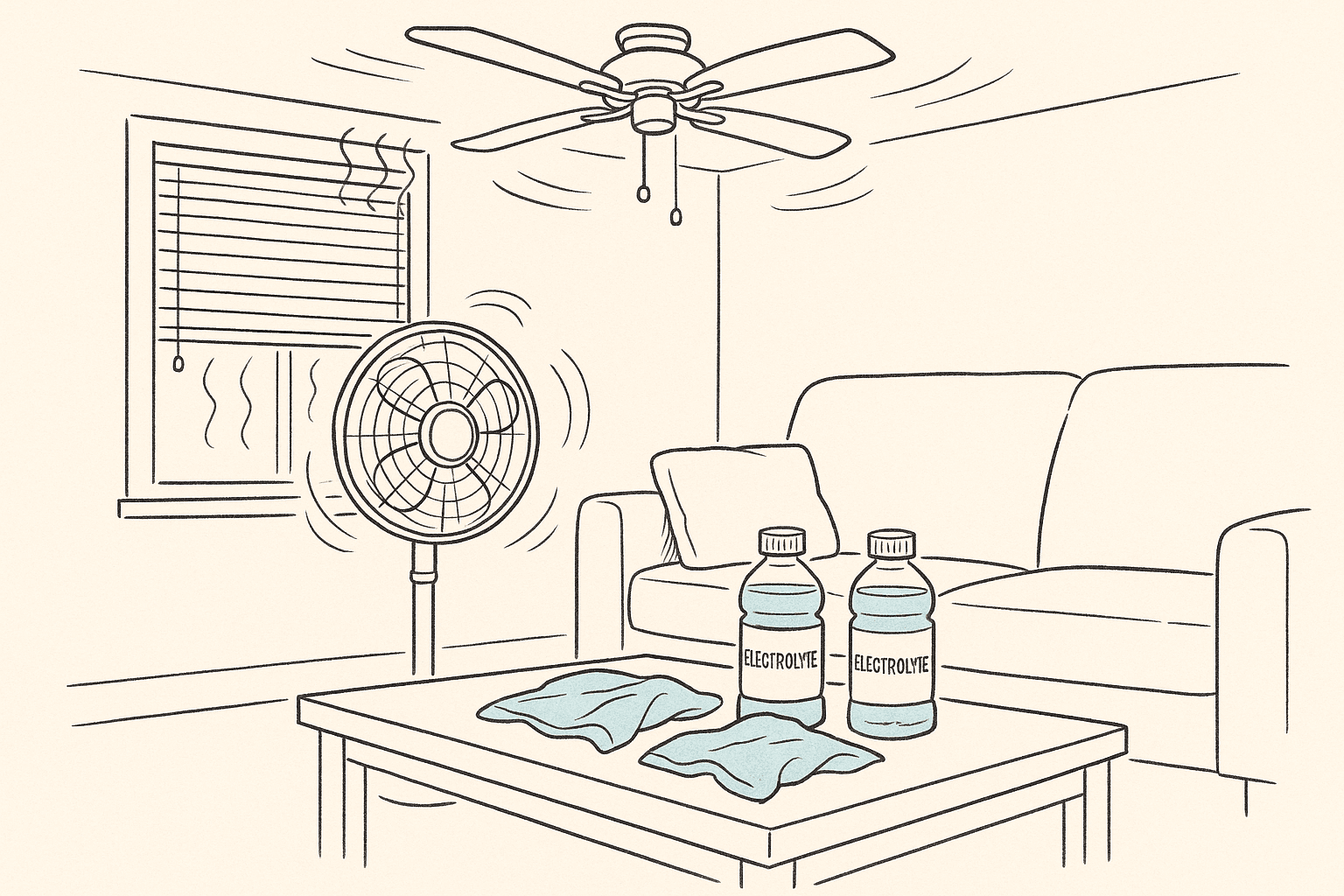 Dim living room with fan, chilled cloths, and electrolytes.
