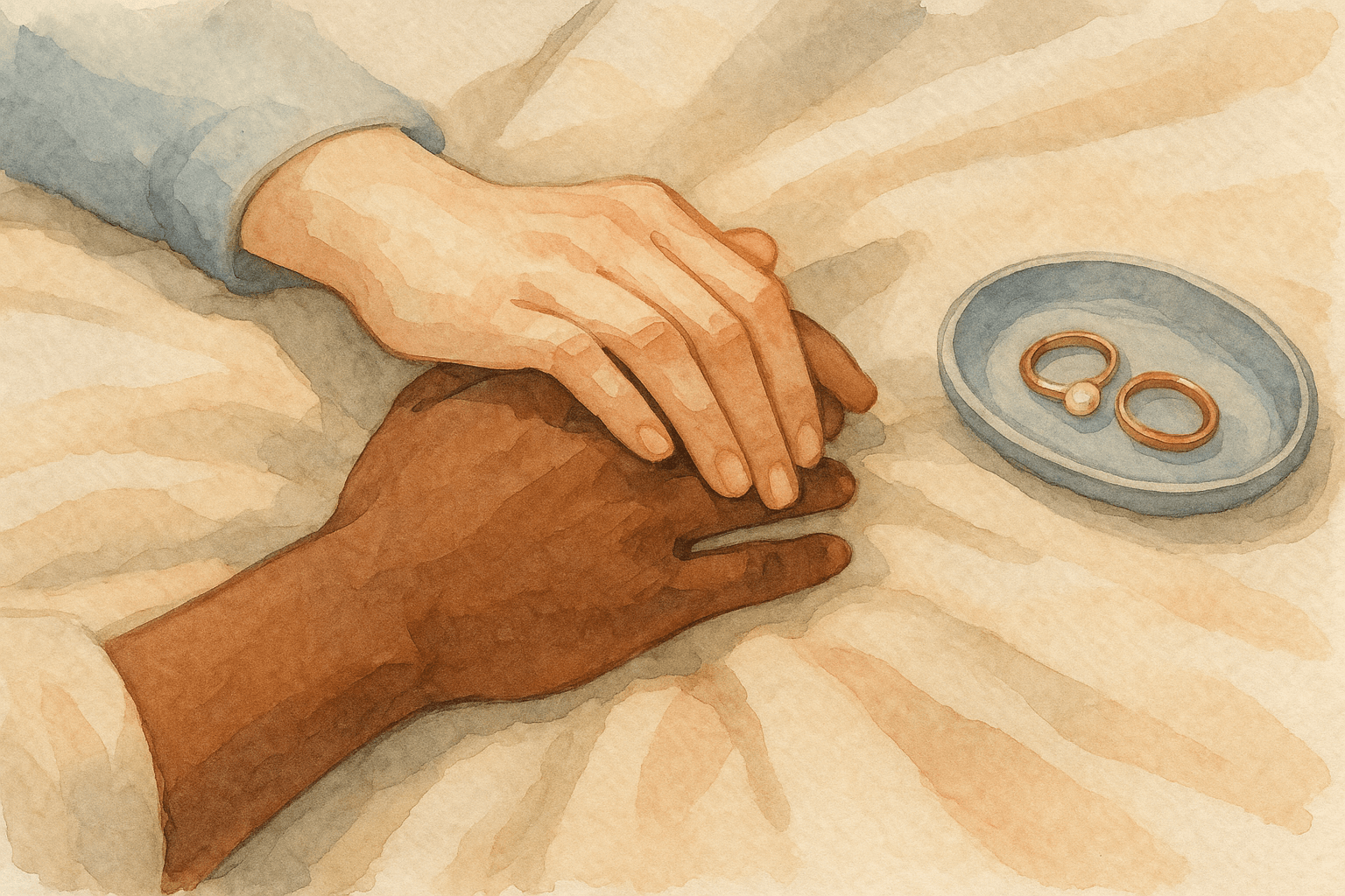 Intertwined hands over blanket, no faces.