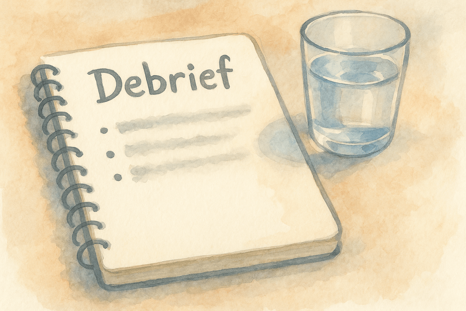 Notebook with three blurred bullets and water glass.