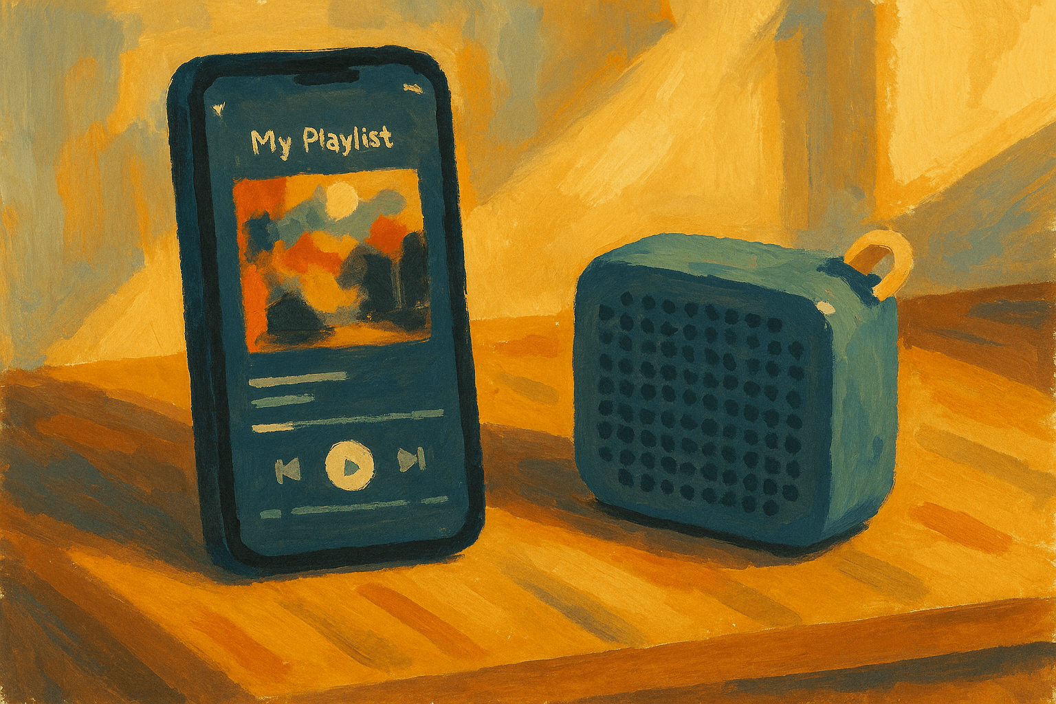 Playlist phone next to small speaker (blurred art).