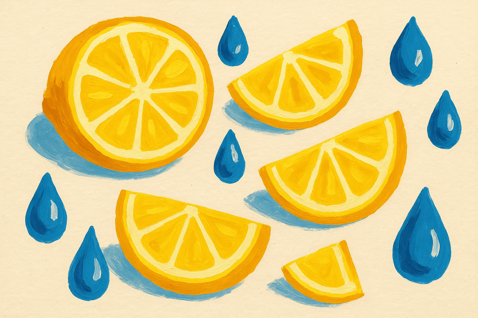 Gouache spots of citrus/water.