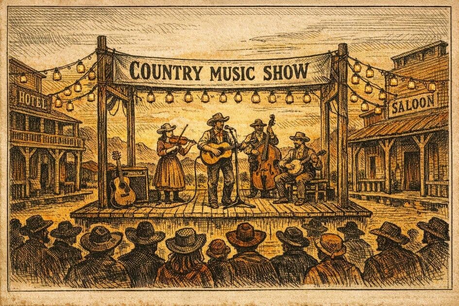 Music stage on a historic Main Street.