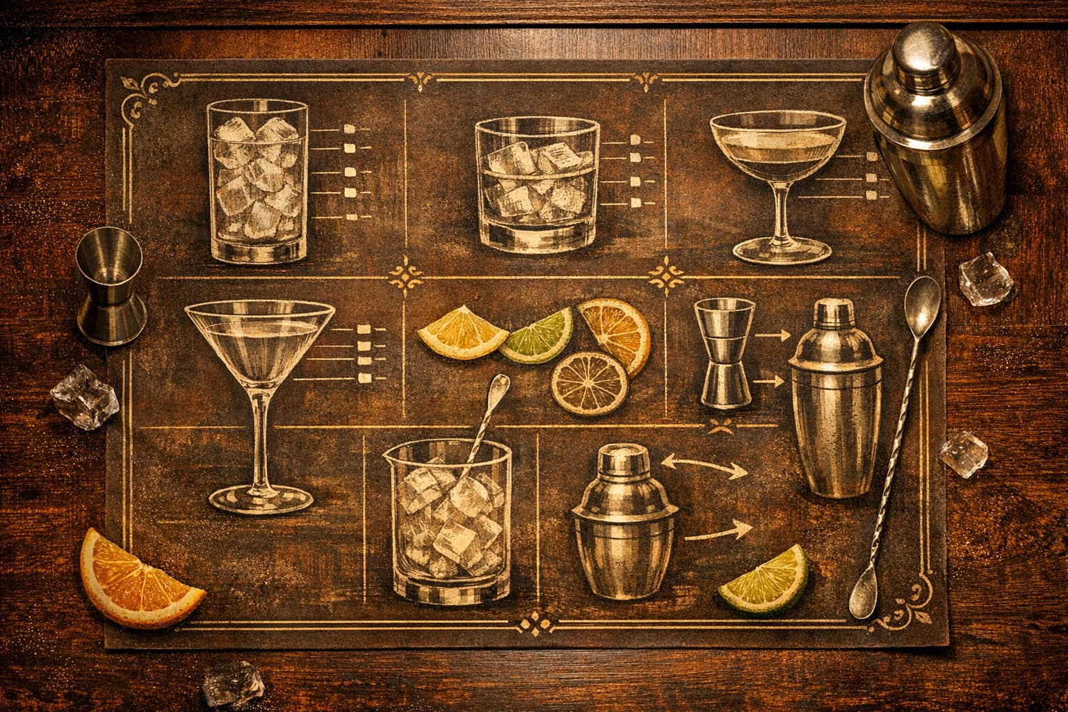 Vintage bartender cheat sheet collage with illustrated cocktail glasses and bar tools on warm wood.