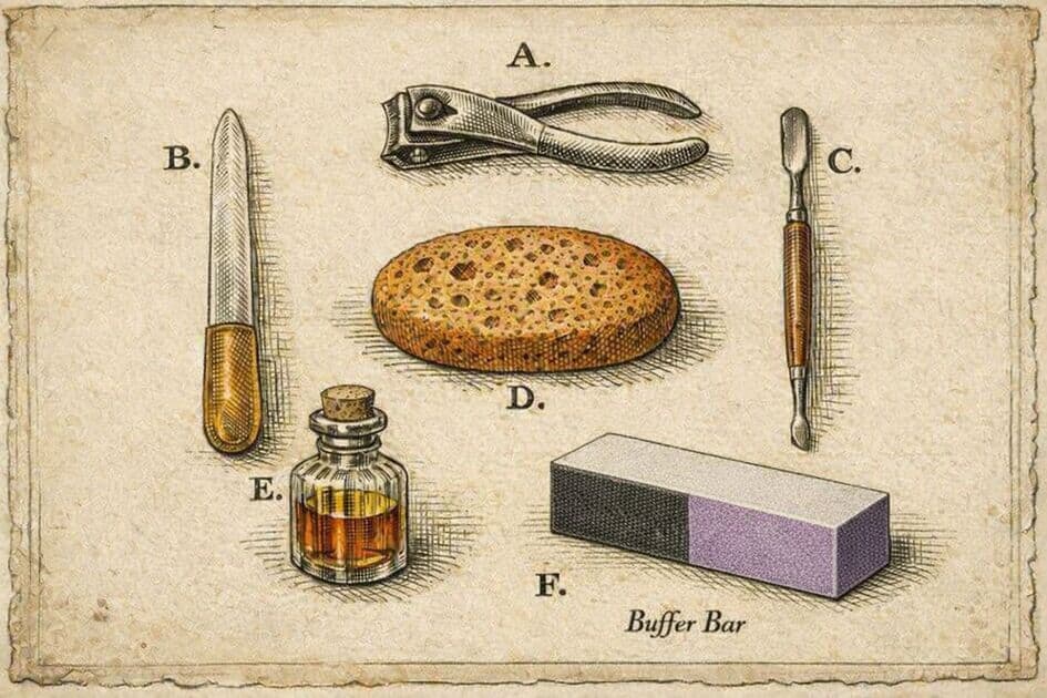 Victorian specimen plate illustration of men's grooming tools: nail clippers, glass file, cuticle pusher, pumice stone, oil bottle, and buffing block.