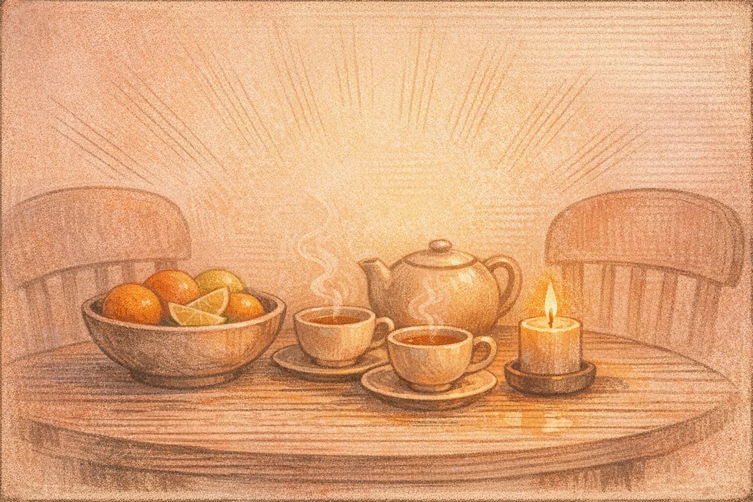 Illustrative still-life with tea cups, candle, citrus, and abstract chair backs in warm sand tones.