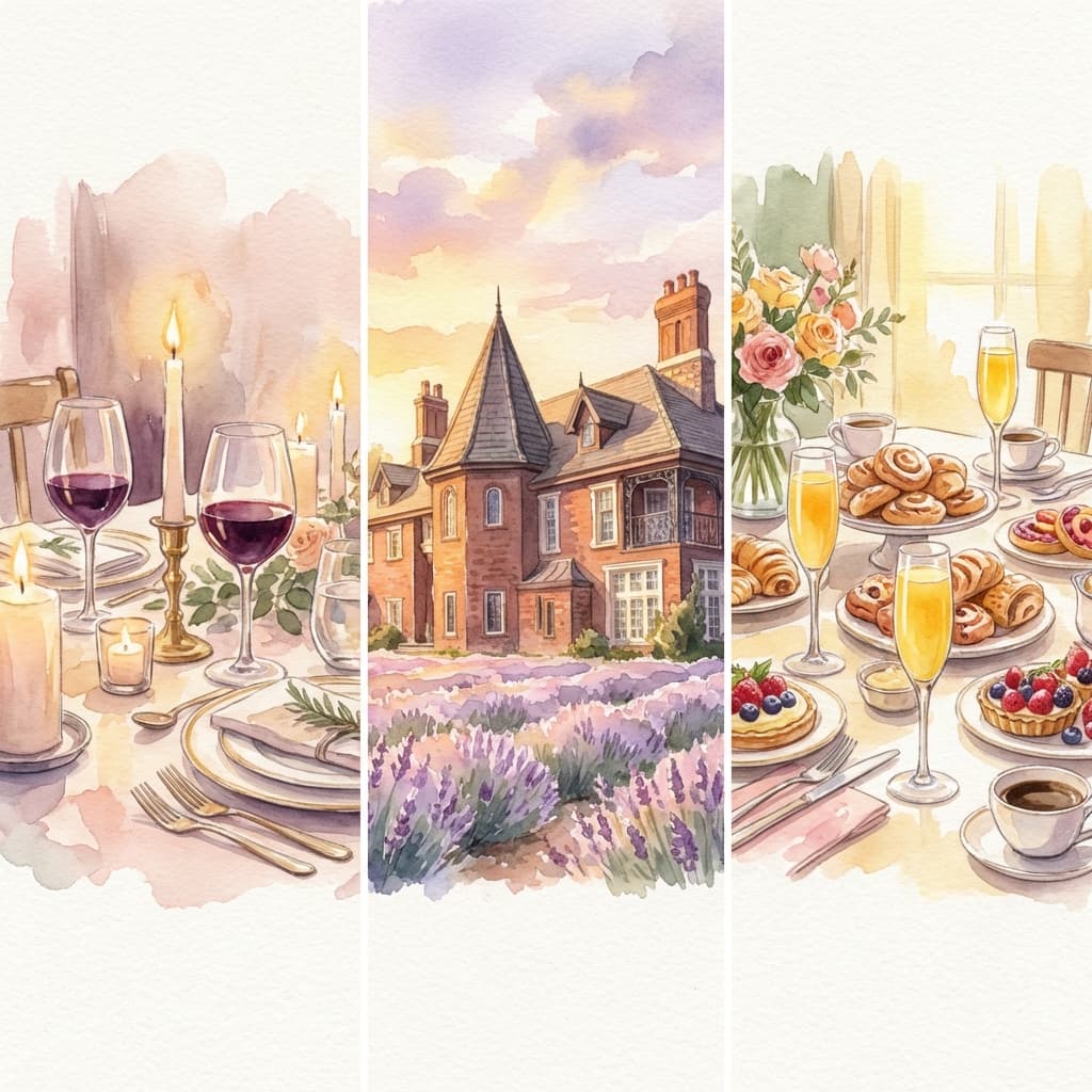 Collage of candlelight dinner, mystery mansion, and bright brunch.