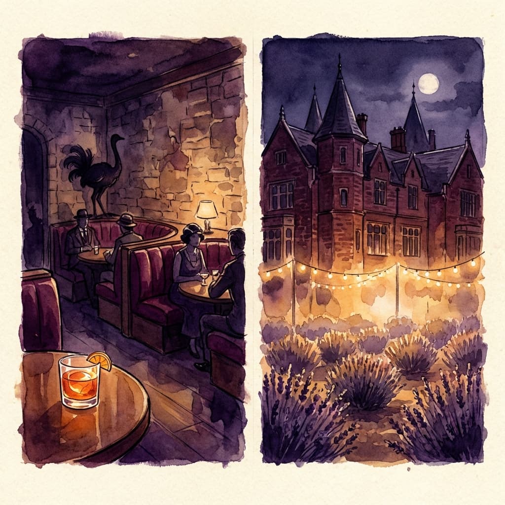 Watercolor diptych: Left show The Ostrich speakeasy with maroon booths and ostrich statue; Right shows Chateau De Vie mansion at night.