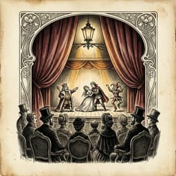 19th-century copperplate engraving style. A hand-drawn theatre ticket stub resting next to a glass of water on a textured napkin. The lighting is dramatic, high contrast black ink on cream paper.