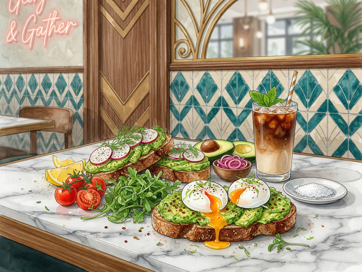 Close-up of the brunch and iced coffee