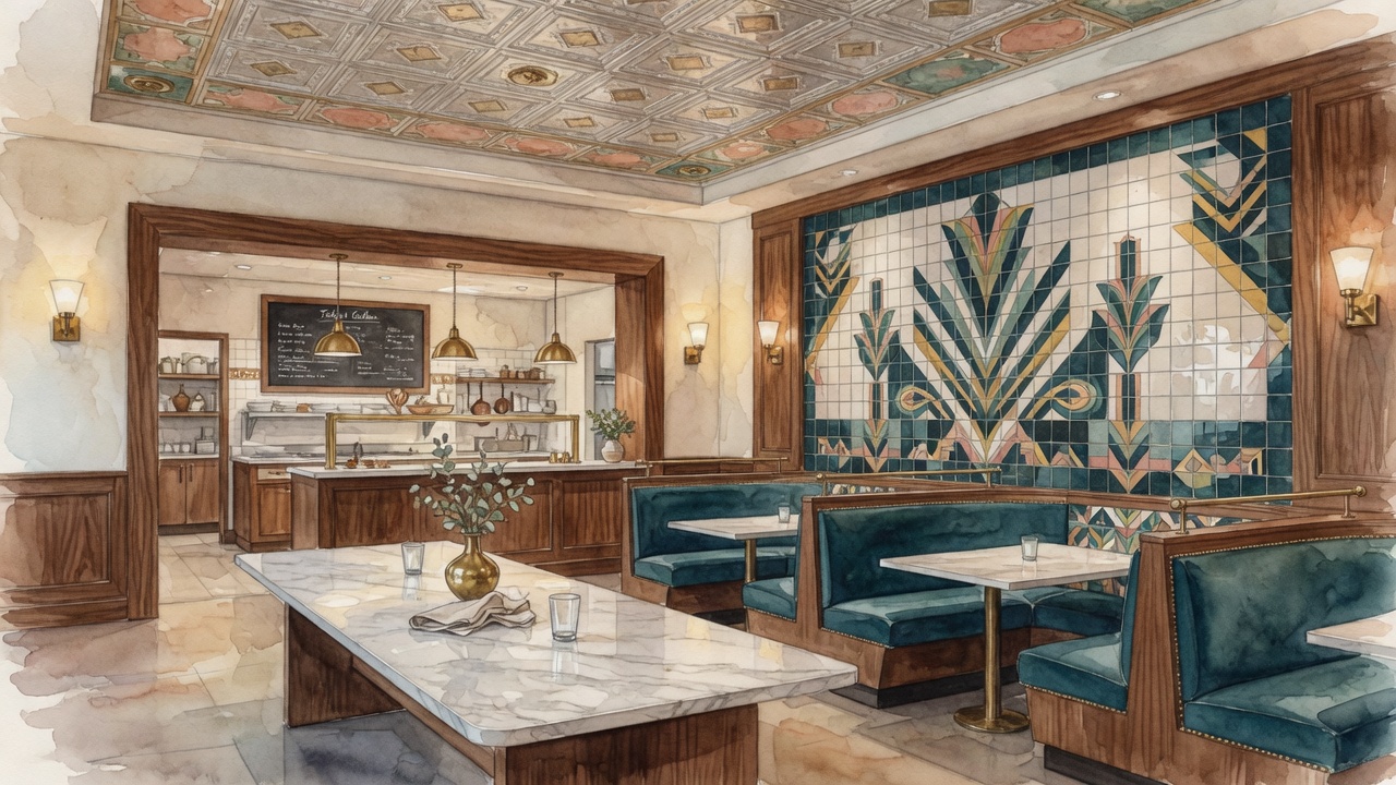 George & Gather interior details in engraving style