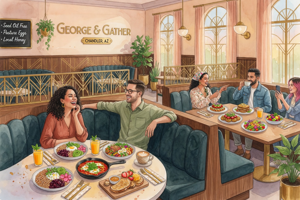 George & Gather scene in engraving style